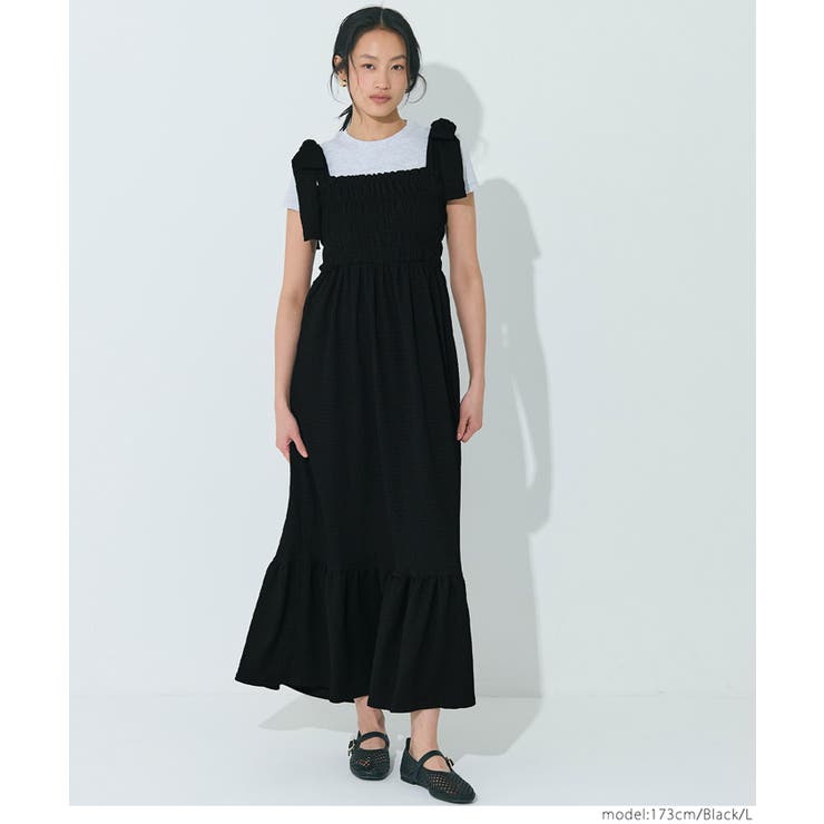 ［Black］ | シボシャーリング リボンワンピース レディース | coca