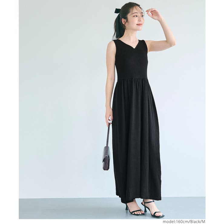 ⭐️限定値下げ⭐️Vネック ハイウエストブラックドレス Vネックニットドレス[品番：PA000017316]｜coca（コカ）の