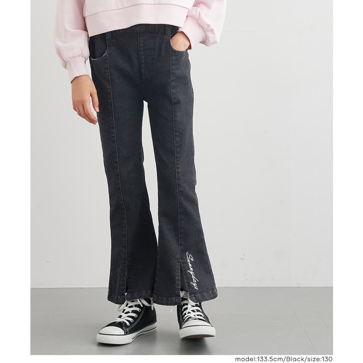 ［Black］ | デニム刺繍フレアパンツ | coca