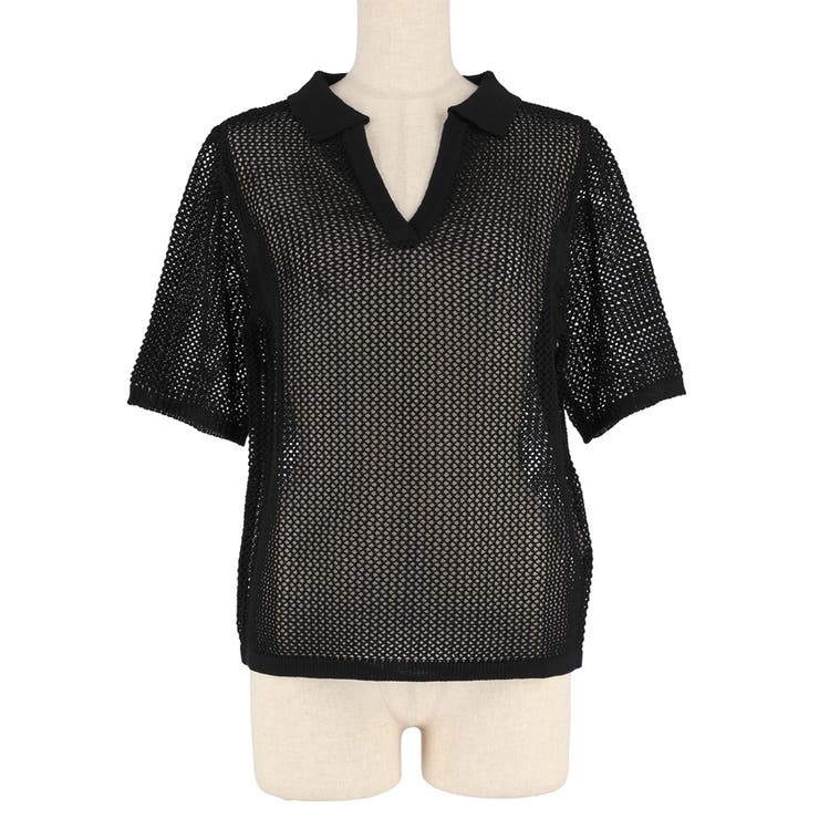 麻タッチメッシュニットポロ レディース | coca | 詳細画像3 