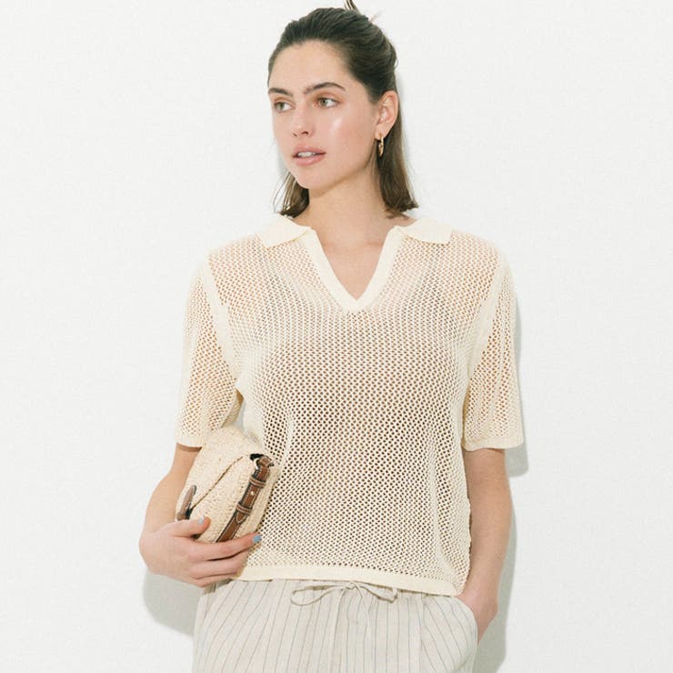 麻タッチメッシュニットポロ レディース | coca | 詳細画像1 