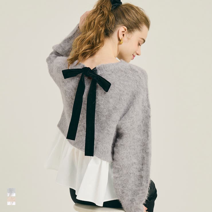 バックリボン異素材ドッキングニットトップス | coca | 詳細画像1 