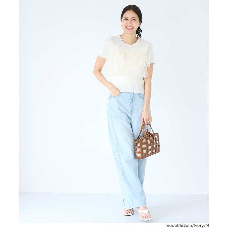 胸元のフリルが大人可愛い、半袖フリルニットトップス | coca | 詳細画像5 