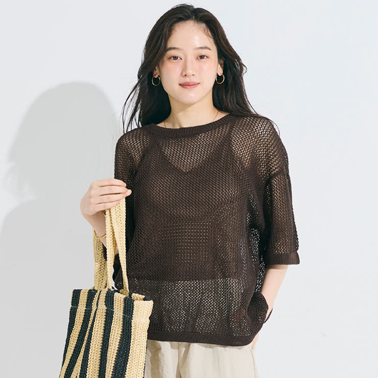 抜け感のあるレイヤードが楽しめる 五分袖メッシュニット | coca | 詳細画像1 