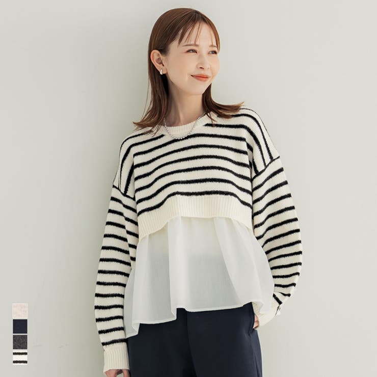 1枚で華やぐレイヤード風ドッキングギャザーニット | coca | 詳細画像1 