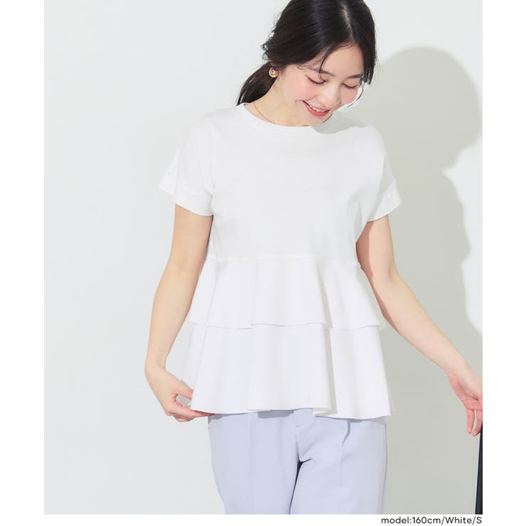 ［White］ | 異素材切り替え2段フリルTシャツ | coca