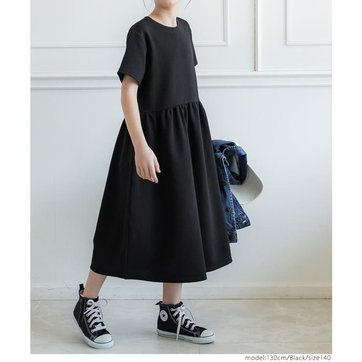 ［Black］ | キッズ 親子お揃いエンボスギャザー 切替ワンピース | coca