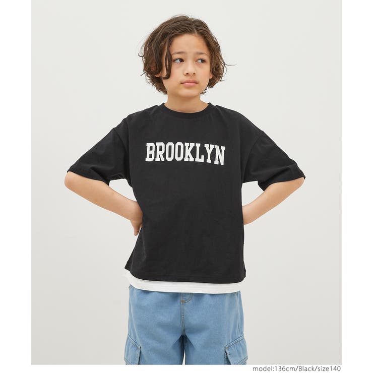 ［Black］ | キッズ ボーイズ 天竺裾レイヤードプリント付きTシャツ | coca