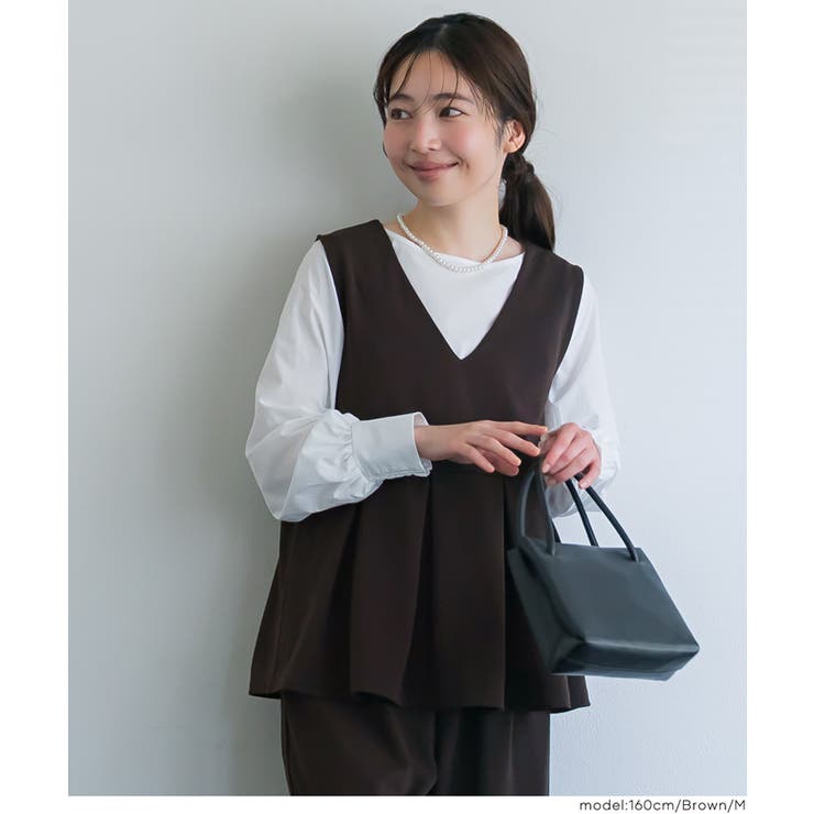 ［Brown］ | カットジョーゼットタックペプラムベスト | coca