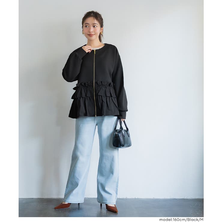 ［Black］ | ソフトスウェット異素材フリルパーカー | coca