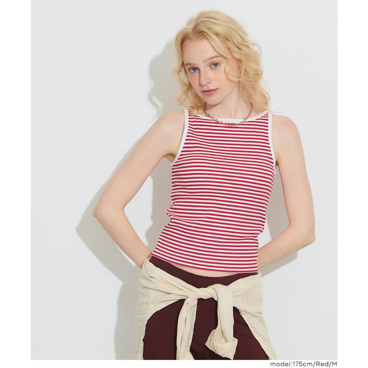 [Red] | 【OUT BRA】ボーダーボートネックタンクトップ | coca