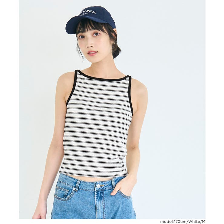 [White] | 【OUT BRA】ボーダーボートネックタンクトップ | coca
