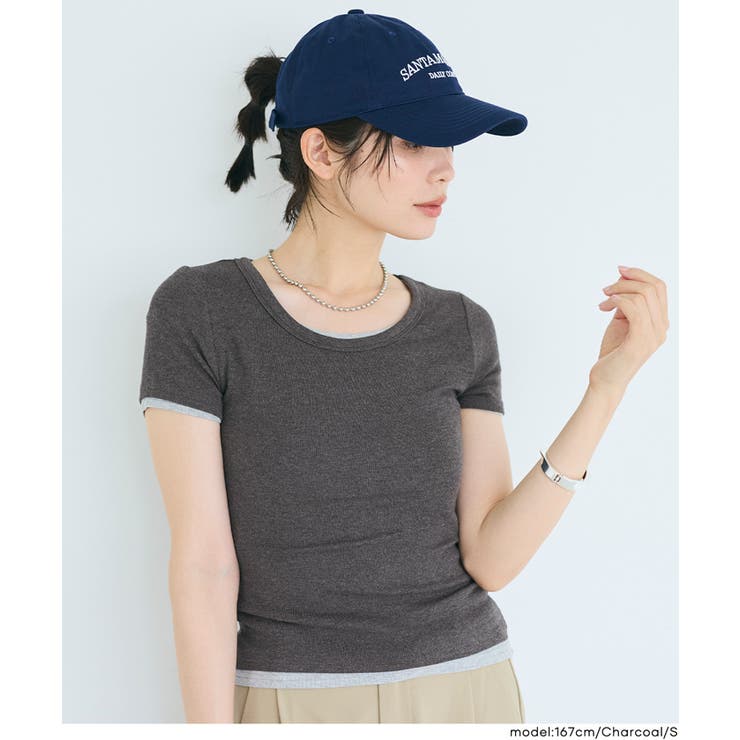 ［Charcoal］ | とろみUネックリブTシャツ | coca