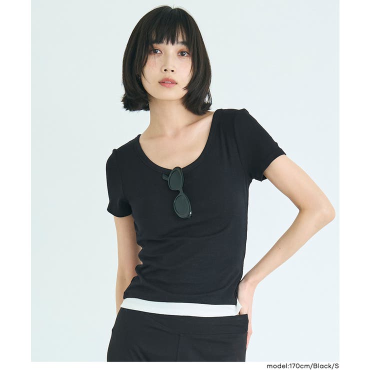 ［Black］ | とろみUネックリブTシャツ | coca