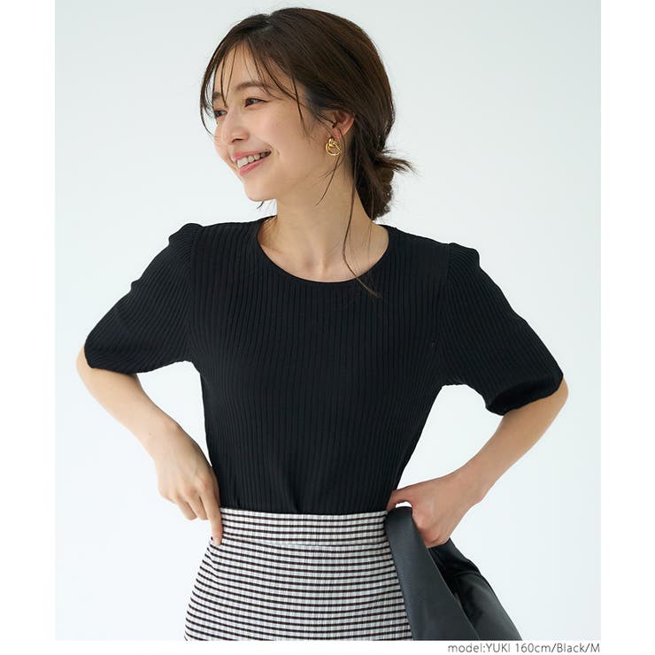 バックパール五分袖ニットトップス[品番：PA000014395]｜coca