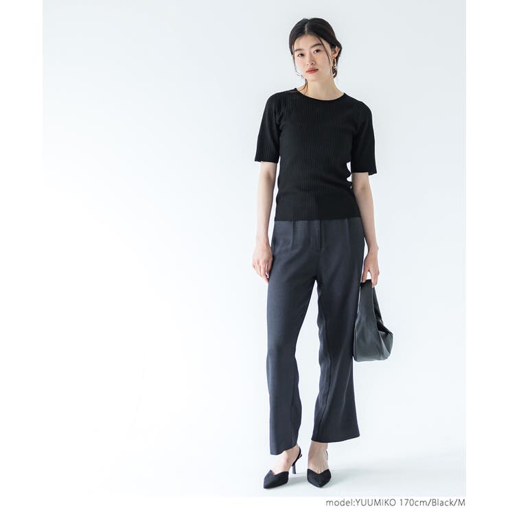 バックパール五分袖ニットトップス[品番：PA000014395]｜coca