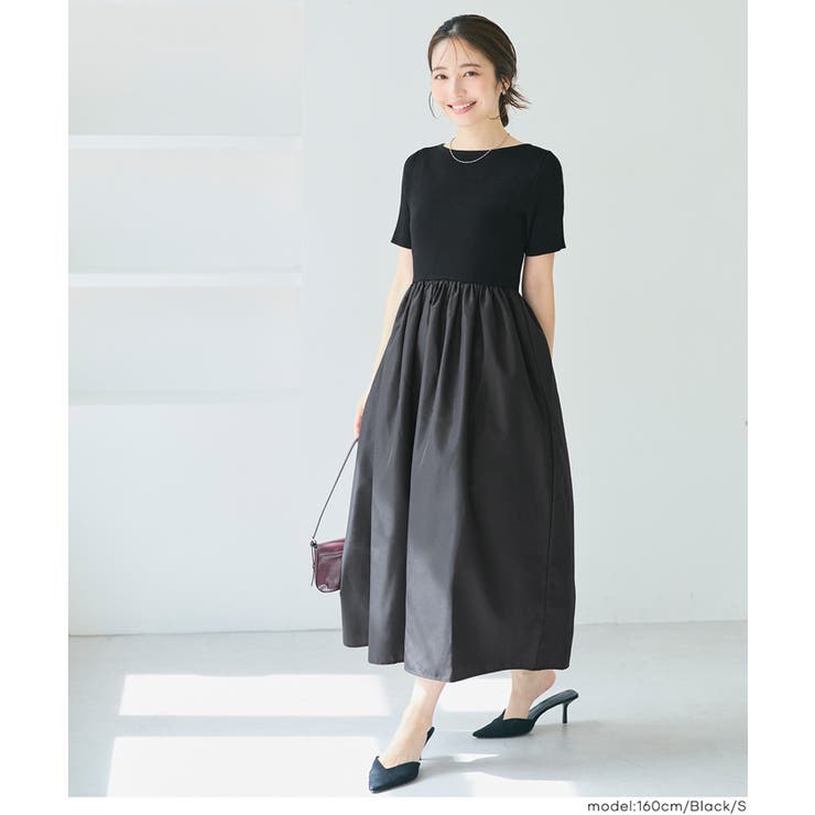 ★美品★ ドッキング ワンピース ペチコート付　BLACK クロスステッチ刺繍ドッキングワンピース | 小柄・低身長女性