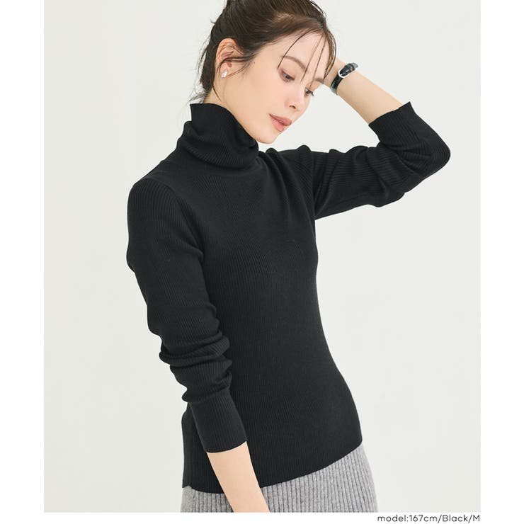 ［Black］ | 軽量ニット タートルネックラウンドヘム | coca