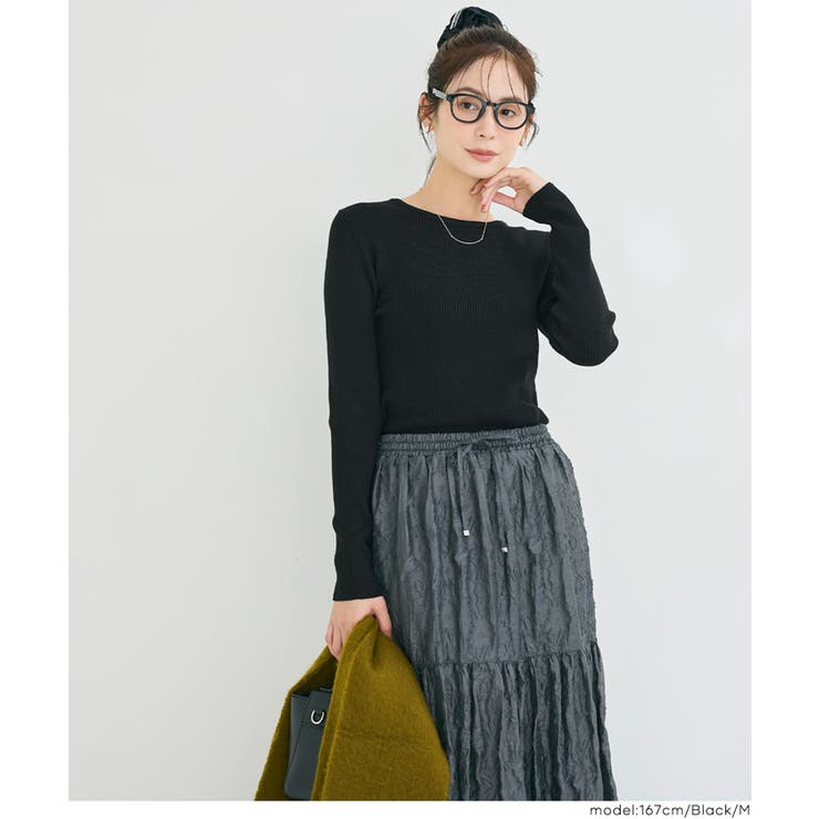 ［Black］ | 軽量ニット クルーネックラウンドヘム | coca