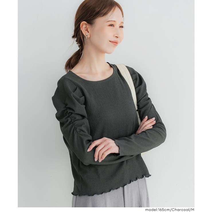 ［Charcoal］ | クレープシャーリングパフスリーブトップス | coca