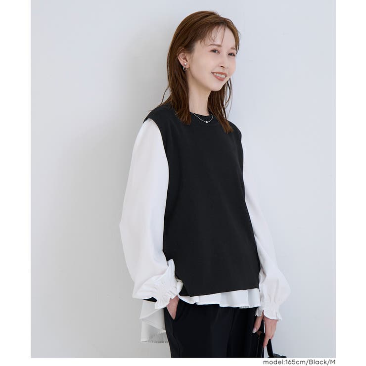 ［Black］ | ニットベストセットブラウス | coca