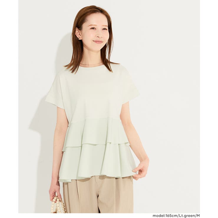 ［Lt.green］ | 異素材切り替え2段フリルTシャツ | coca