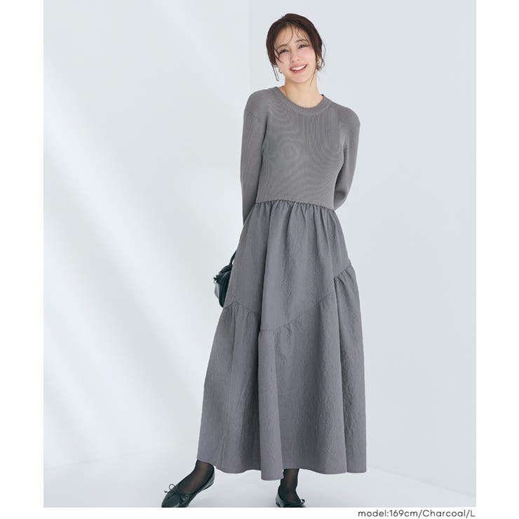 ［Charcoal］ | エンボスニットドッキングワンピース | coca