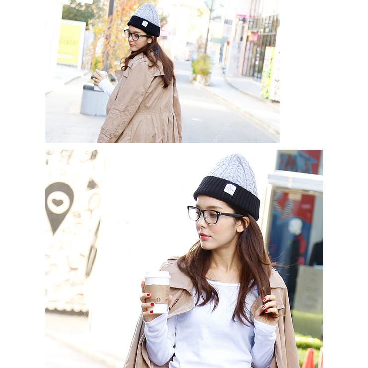 バイカラーケーブル編みニット帽[品番：PA000002610]｜coca