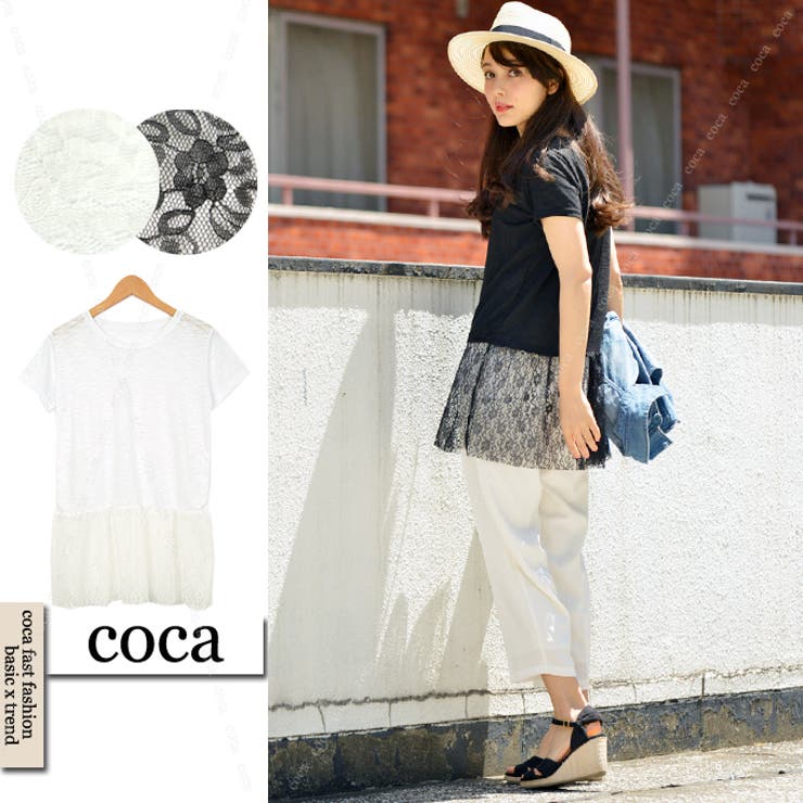 裾が小花柄レース重ね着風のスラブTシャツチュニック( Tシャツ