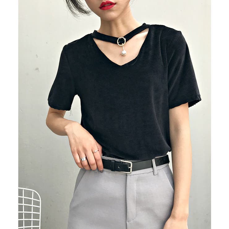 tシャツ ベロアチョーカートップス「セットアップ対応」 レディース 春新作 チョーカー付きベロアトップス ma[品番：JP000003565