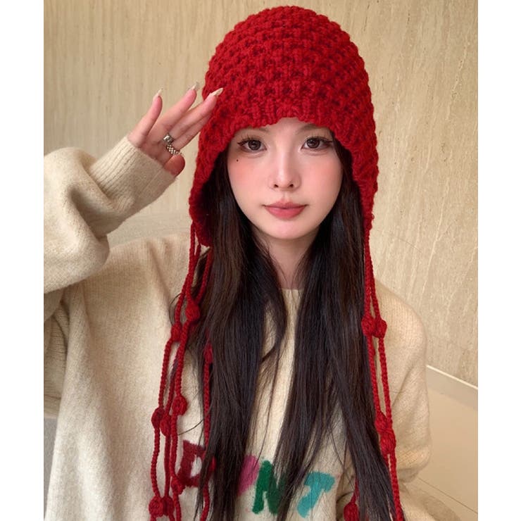 春新作 ポンポン紐付き フードニットキャップ[品番：JP000006652
