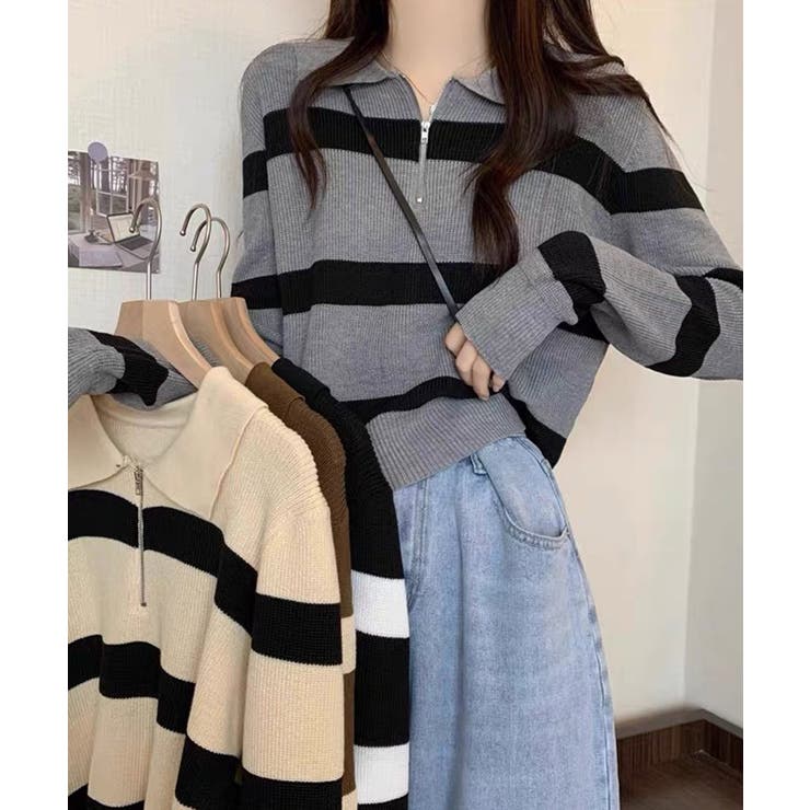 グレー | 冬新作 ハーフジップ ボーダー | LOVERS