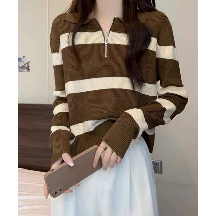 ブラウン | 冬新作 ハーフジップ ボーダー | LOVERS