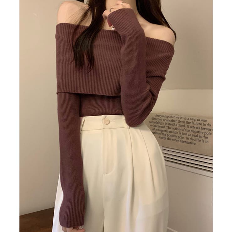ブラウン | 冬新作 オフショルダー リブニットトップス | LOVERS