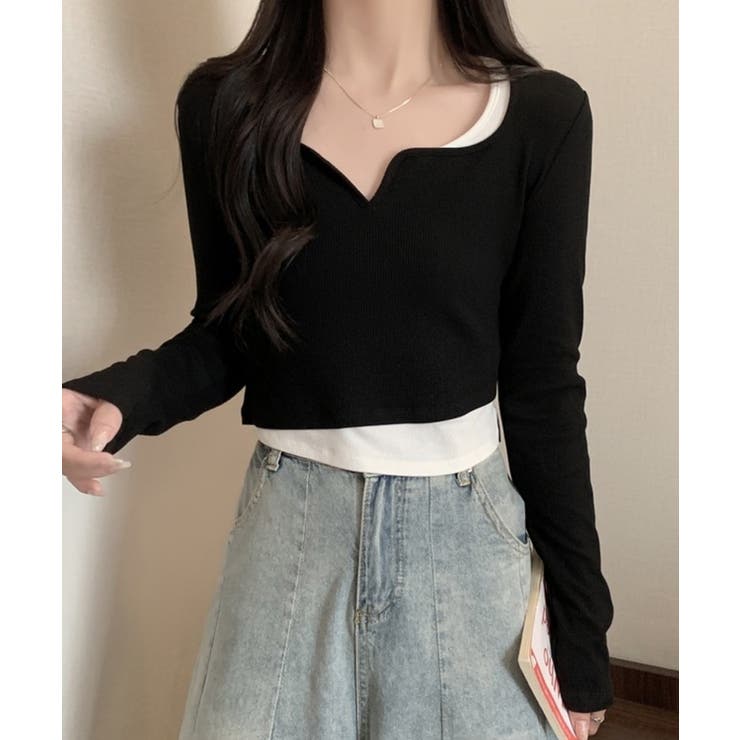 ブラック | 冬新作 ショート丈 レイヤード風 | LOVERS