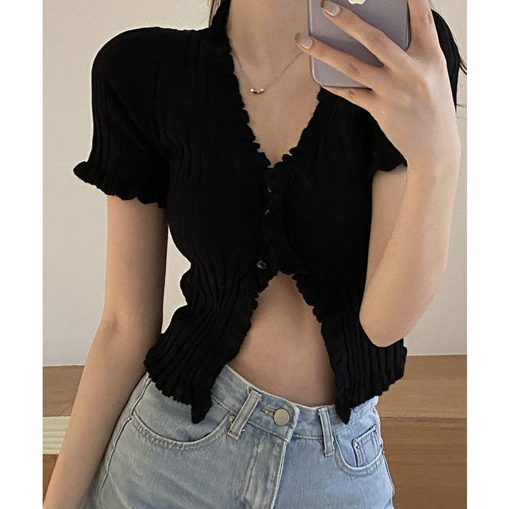 ブラック | 冬新作 フリルリブニット クロップド丈 | LOVERS