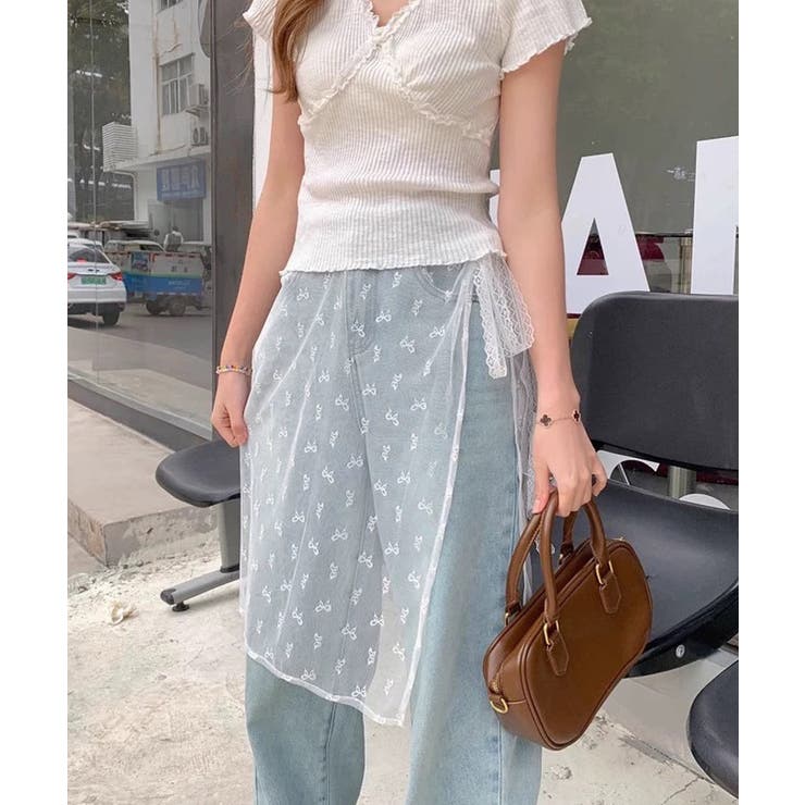 ホワイト | 冬新作 リボン柄レース レイヤードラップスカート | LOVERS