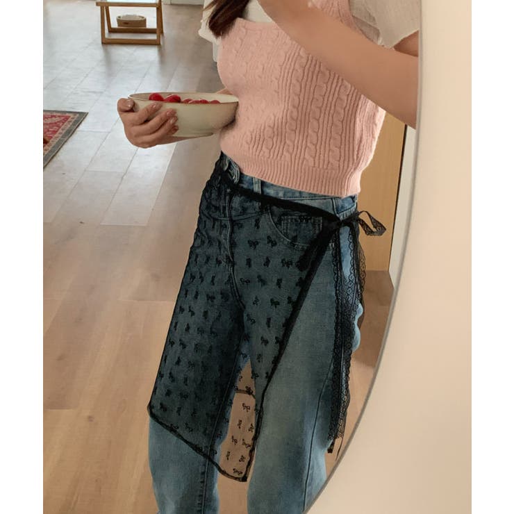 春新作 リボン柄レース レイヤードラップスカート[品番