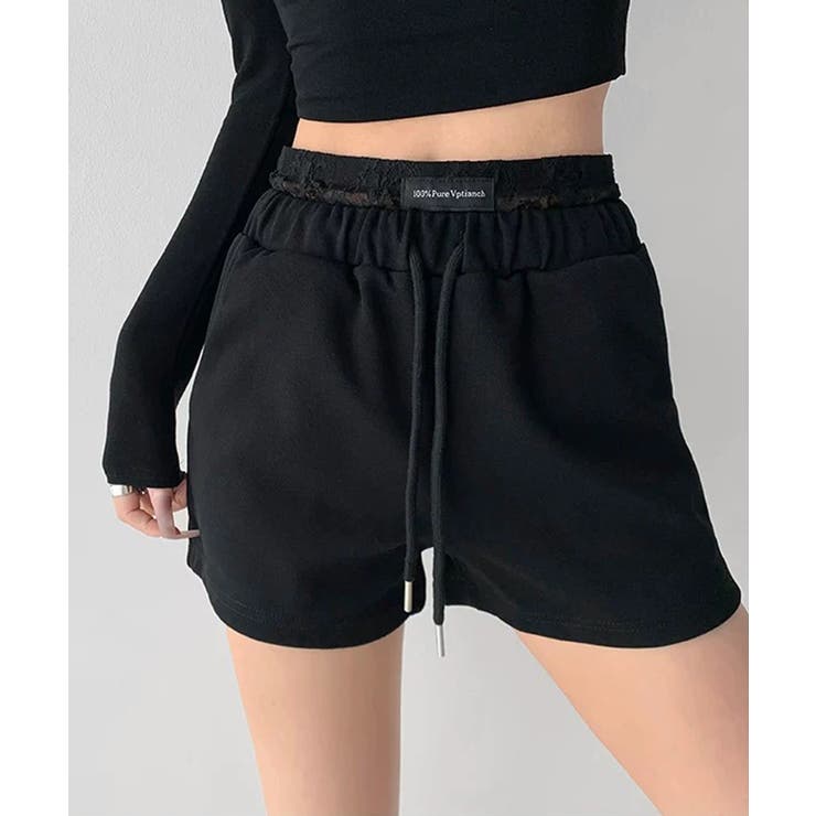 ブラック | 冬新作 レースレイヤード風 スウェットショートパンツブロケットコア | LOVERS