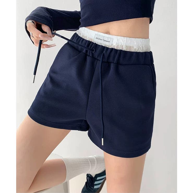 ネイビー | 冬新作 レースレイヤード風 スウェットショートパンツブロケットコア | LOVERS