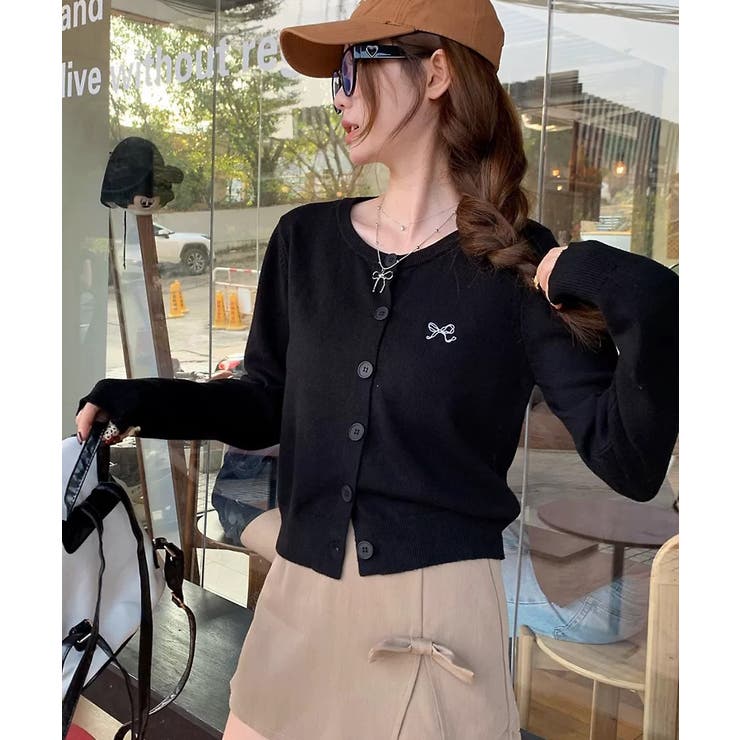 ブラック | 冬新作 ワンポイントリボン刺繍 ニットカーディガン | LOVERS