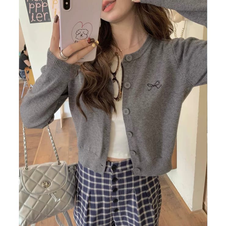 グレー | 冬新作 ワンポイントリボン刺繍 ニットカーディガン | LOVERS