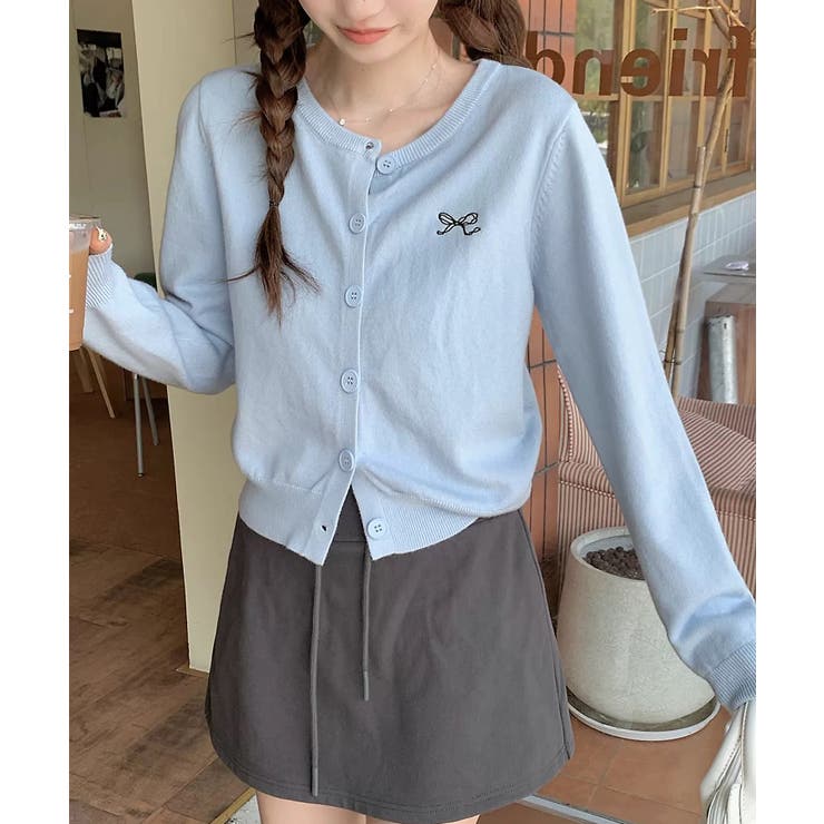 ブルー | 冬新作 ワンポイントリボン刺繍 ニットカーディガン | LOVERS