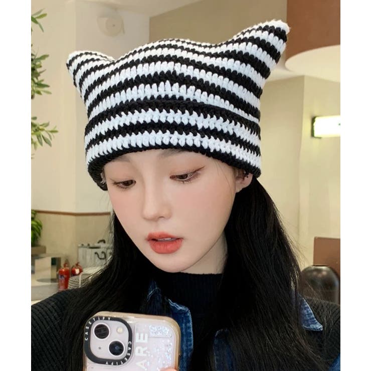 ホワイト | 冬新作 猫耳 ボーダー | LOVERS