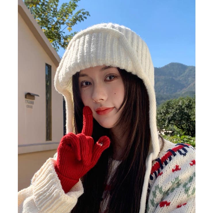 ホワイト | 冬新作 ストラップ付き フライトニットキャップ雪遊び | LOVERS