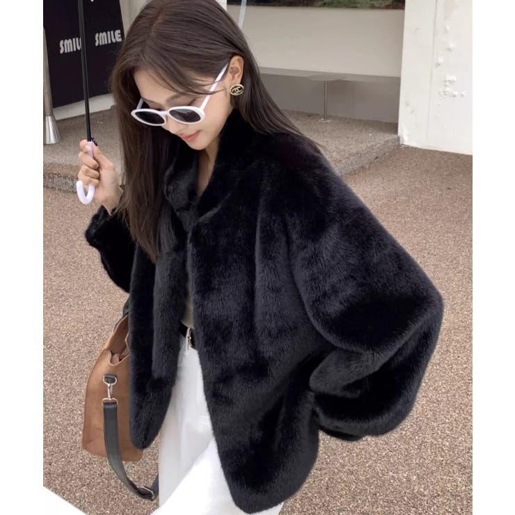 ブラック | 冬新作 スタンドカラー フェイクファーブルゾン海外コーデ | LOVERS