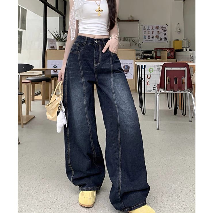 韓国風 バックロゴ ワイドジーンズ 2色展開 夏新作 バックロゴ刺繍 ワイドシルエット[品番:JP000006991