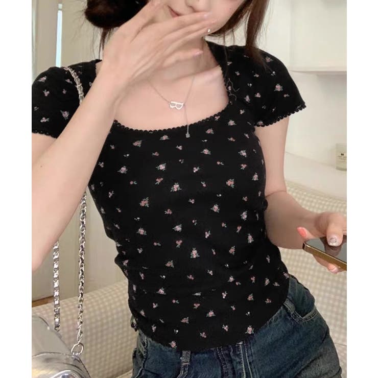 ブラック | 冬新作 小花柄プリント レーストリム | LOVERS