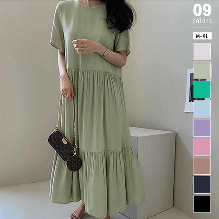 グリーン | フレアワンピース ロングワンピース 半袖 | COCOMOMO