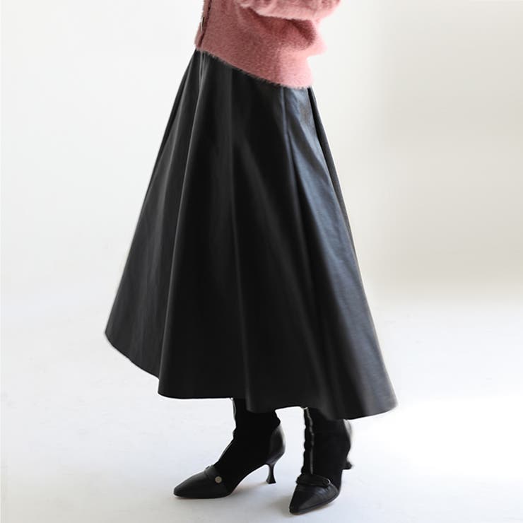 フェイクレザー フレアスカート レザースカート[品番